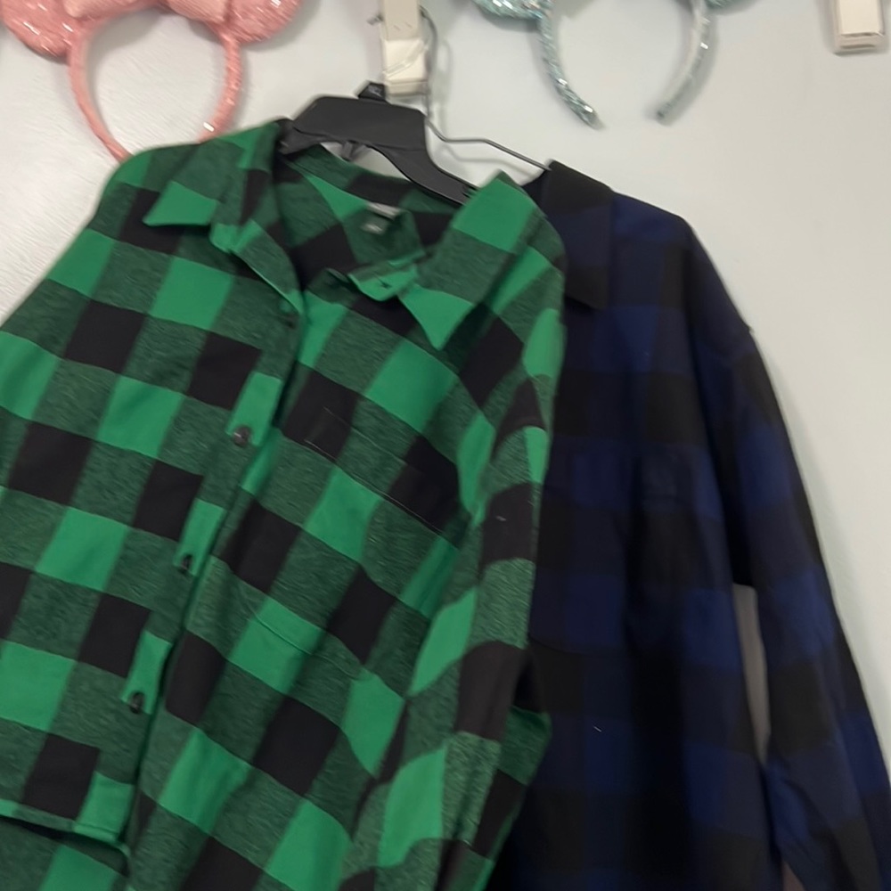 Women’s blue and green flannels